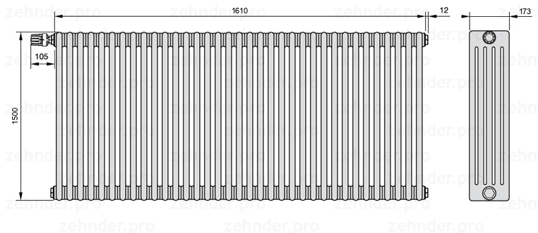 Схема (чертеж) Радиатор Zehnder Charleston 5150/35 №V011 Белый глянцевый RAL 9016